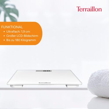 Ваги підлогові Terraillon TSQUARE, скляна платформа 26x26 см, ультратонкі, великий LCD-дисплей, вантажопідйомність 180 кг, точність 100 г, білі