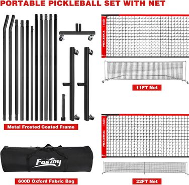Портативна сітка для піклболу Fostoy з колесами, звичайний розмір 6,9 м і половина корту 3,9 м, 18-шарові поліетиленові сітки, міцний металевий каркас для стійкої до погодних умов гри на задньому дворі, під'їзних доріжках і гаражах чорний/червоний