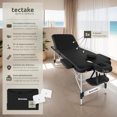 Складаний масажний стіл tectake 3-секційний, алюмінієвий, висота регулюється, переносний, з аксесуарами, підголівником, підлокітниками, сумкою, чорний