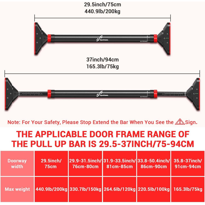 Дверна рама Sportneer Pull-up Rig, вантажопідйомність турніка до 200 кг, дверна коробка з горизонтальною планкою без гвинтів 75-94 см висувна, дверна планка з ПВХ-килимками 16,5x4,5 см і новим замком шестерні, що обертається на 360