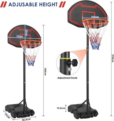 Баскетбольне кільце, портативна баскетбольна стійка з колесами, регульоване кільце Висота від 160 до 210 см Регульована висота за допомогою стійки, Баскетбольний майданчик для дітей, Відкритий, Закритий Чорний Червоний