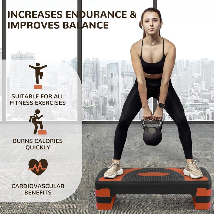 Аеробна платформа Fitvids 78,7 см, 3-рівнева, для фітнесу та кардіо, степпер для дому, чорна з помаранчевим