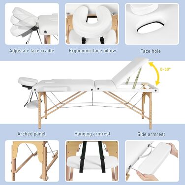 Мобільний масажний стіл, масажна лава складна регульована по висоті, портативний масажний стіл з 3 зонами, косметичний столик, з підлокітниками підголівника, в т.ч. підтримуюча сумка, дерево, кремовий білий, LNOG0005