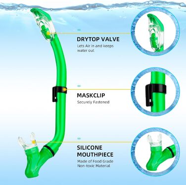 Набір трубок для дітей, Окуляри для дайвінгу та сухі трубки, Дитячі окуляри з легким диханням Суха трубка, Маска для дайвінгу Panoramic View Маска для підводного плавання Набір для дайвінгу (зелений)