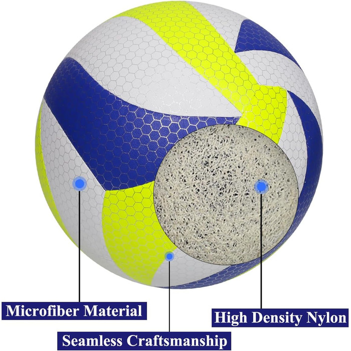 Волейбольні м'ячі KRTOYUST, надміцний композитний волейбольний м'яч офіційного стандартного розміру для приміщень та активного відпочинку, пляжний, безшовний крій, розмір обробки шкіри 5 синій/білий/жовтий