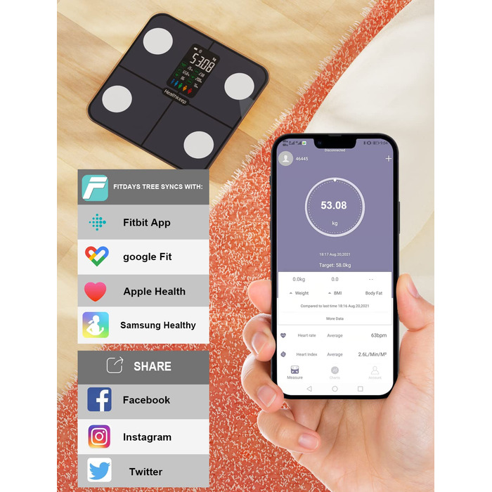 Шкала жиру в організмі Healthkeep Ваги для ванної кімнати Цифрові ваги з жировими відкладеннями та м'язовою масою для 15 моніторів серцевого ритму даних про тіло Люди з великим екраном VA з додатком для iOS та Android 280 Темно-блакитний Тьмяний