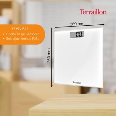 Ваги підлогові Terraillon TSQUARE, скляна платформа 26x26 см, ультратонкі, великий LCD-дисплей, вантажопідйомність 180 кг, точність 100 г, білі