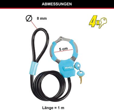 Замок-кабель MASTER LOCK з ключем 1 м, синій – для самокатів, велосипедів, дитячих візків, спорядження