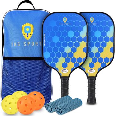 Набір для піклболу TKG Sports з карбону, 2 ракетки USAPA, 4 м'ячі (2 для залу, 2 для вулиці), 2 охолоджуючі рушники, сумка, для дорослих і підлітків