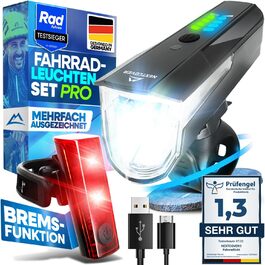 Комплект велосипедних LED ліхтарів із сенсором LightSense, USB-зарядка, водонепроникні, до 11 годин роботи, передній та задній ліхтар, сертифіковані StVZO, преміум-якість