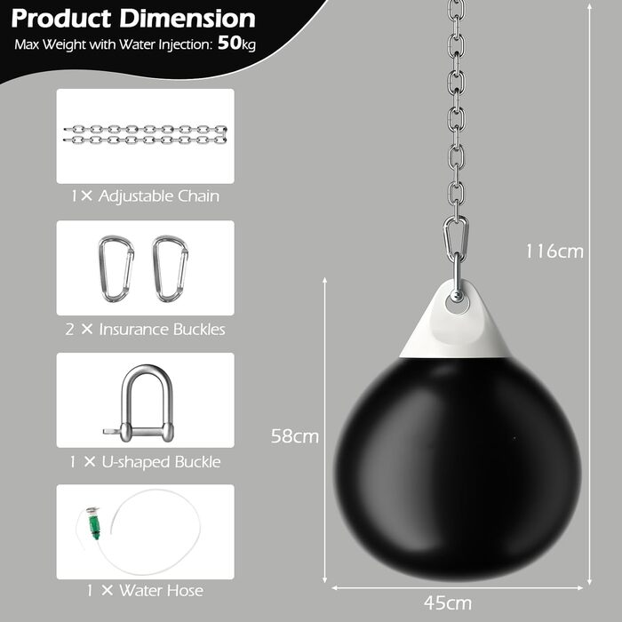 Водна боксерська груша KOMFOTTEU, боксерська боксерська груша, тренувальна груша водонаповнювана 50 кг, боксерська груша Keeper Bag з водяним шлангом, металевим ланцюгом і карабіном, спеціальною боксерською грушею для дорослих молодь чорна