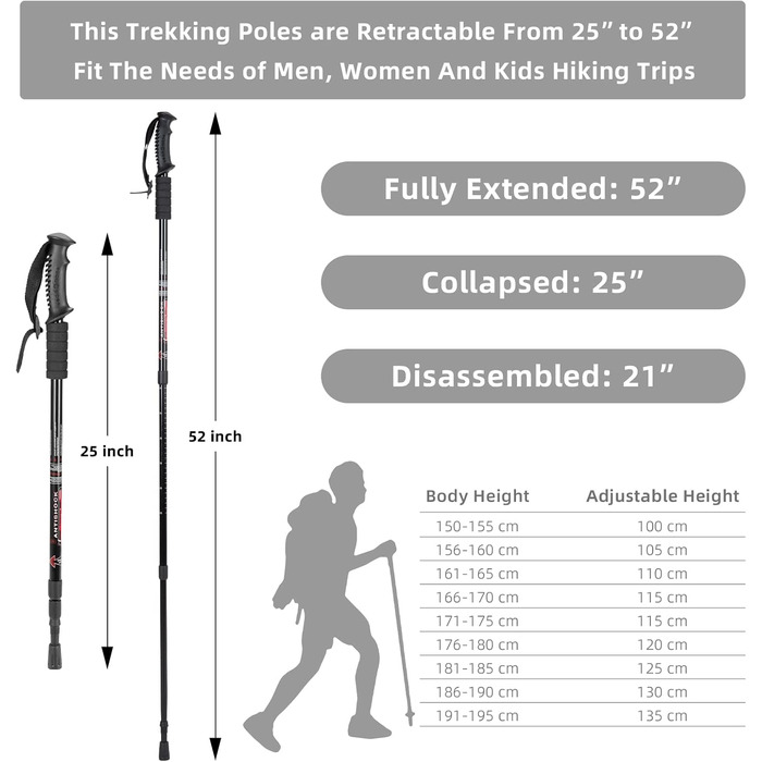 Туристичні палиці Aihoye, 2 шт. и, складні, легкі, ударостійкі, туристичні палиці або туристичні палиці, регульовані туристичні палиці для жінок і чоловіків (чорні)