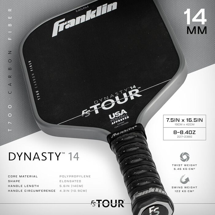 Професійна ракетка для піклболу Franklin Sports FS Tour Series з сирого карбону T700, затверджена USA Pickleball, цільна конструкція з епоксидною смолою, моделі Dynasty і Tempo, товщина 14/16 мм, сірий, синій, рожевий