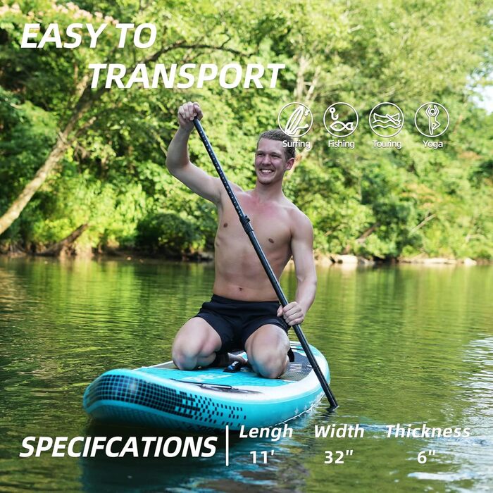 Надувна SUP-дошка UPWELL 11'/10'6'/10'2' з аксесуарами – рюкзак, ремкомплект, нековзке покриття, страхувальний лиш, 3 плавники, весло та ручний насос