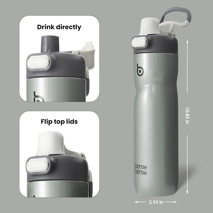 Термос-пляшка BOTTLE BOTTLE 680 мл з ручкою, нержавіюча сталь, сірий, ізоляційна, кнопковий клапан, не протікає, для спорту, подорожей, велосипеда, бігу, туризму
