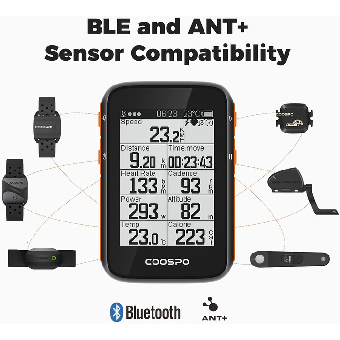 Велокомп'ютер COOSPO GPS, Bluetooth 5.0, ANT, IP67, 2.6