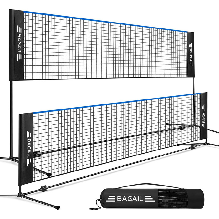 Сітка для бадмінтону BAGAIL, складна нейлонова сітка, регульована по висоті підставка та сумка для перенесення, легко встановлюється та розбирається, ідеальна спортивна сітка для тенісу, бадмінтону або волейболу (5,2 м, синій/чорний)