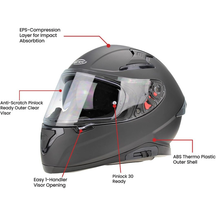 Мотоциклетний шолом ViPER RSV95 повнолицевий, сертифікований ECE ACU, з сонцезахисним візором, для чоловіків і жінок, матовий чорний, розмір L