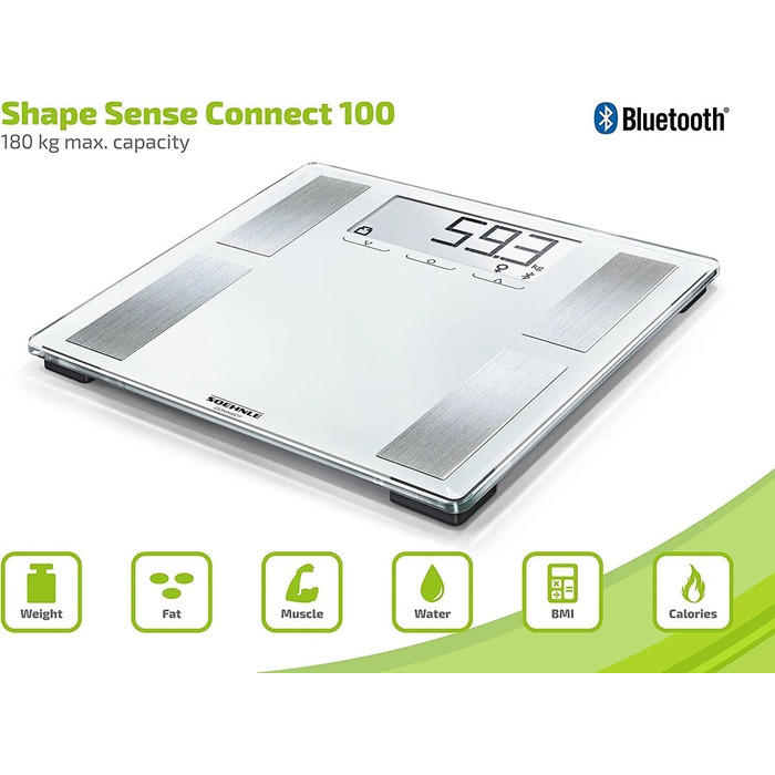 Шкала жиру в організмі Soehnle Shape Sense Connect 100 з Bluetooth, додаток Bathroom Scale plus, шкала аналізу жиру в організмі для BIA Premium Body Analysis, шкала жиру в організмі з додатком і великим РК-дисплеєм