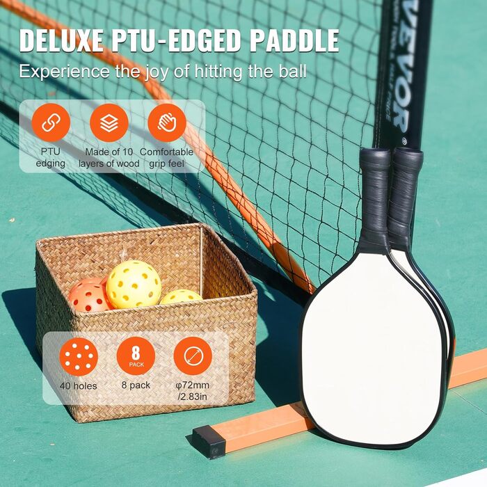 Набір сіток VEVOR Pickleball, портативна система піклболу звичайного розміру з лузами, м'ячами, веслами, колесами та лініями корту, стійка до погодних умов металева рама 6,7 м і поліетиленова сітка