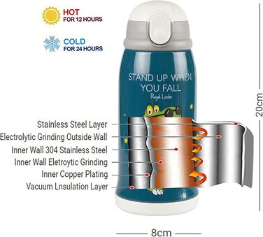 Пляшка-термос QUNUIRE Дитяча пляшка для гарячої та холодної води Пляшка для води з нержавіючої сталі Вакуумна вакуумна пляшка з сумкою через плече Солом'яна чашка Дитяча термос Пляшка Дитячий термос (динозавр)