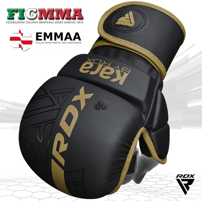 Рукавички RDX MMA для тренувань з єдиноборств, спарингові рукавички Maya Hide Leather KARA, боксерські рукавички для муай тай, кікбоксингу, фріфайту, боксерська груша рукавички (ПОВЕРТАЮТЬСЯ) Golden S/M