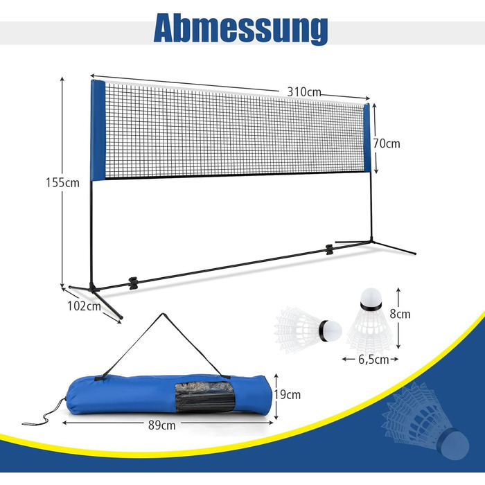 Набір для бадмінтону GYMAX, сітка для бадмінтону з підставкою, сітка для вправ регульована по висоті та портативна, сітка для бадмінтону з сумкою для перенесення та 2 воланами, тенісна сітка для саду, пляжу та заднього двору 420 см