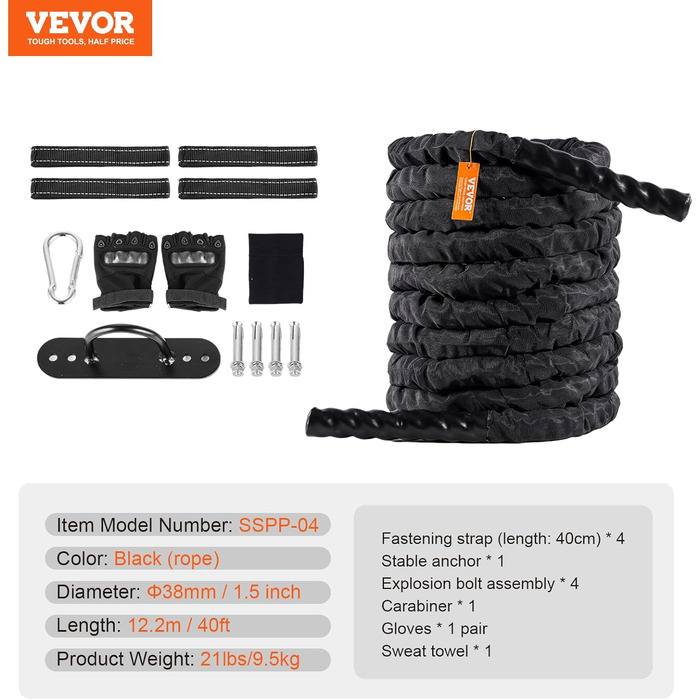 Тренувальна мотузка VEVOR Battle Rope, тренувальна мотузка, бойова мотузка 12,2 м, поліефірна тренувальна мотузка із захисним чохлом і якорем, ударна мотузка для домашнього тренажерного залу, тренування тіла, основні силові тренування, чорний