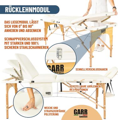 Розкладний дерев'яний масажний стіл GARR Solution 3 зони, портативний і легкий - 185x70 H62/87 см (кремовий) 3 зони Крем