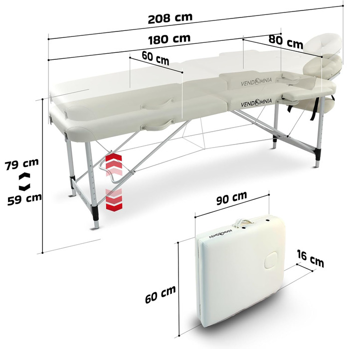 Масажний стіл VENDOMNIA - алюміній, 2 зони, складний, білий