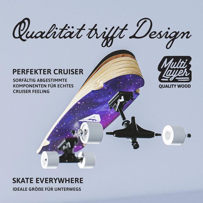 Лонгборд Apollo Mini Midi Cruiser як повна дошка, 70см (30x8) Міні-лонгборд Agile Kick Tail з дерева в вінтажному стилі скейтборду Лонгборд для дорослих з високошвидкісними кульковими підшипниками ABEC 9 (Nebula Midi)