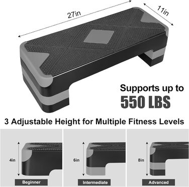Регульований аеробний степпер для фітнесу та тренувань, 3 налаштування, висота 10,2 - 15,2 - 20,3см