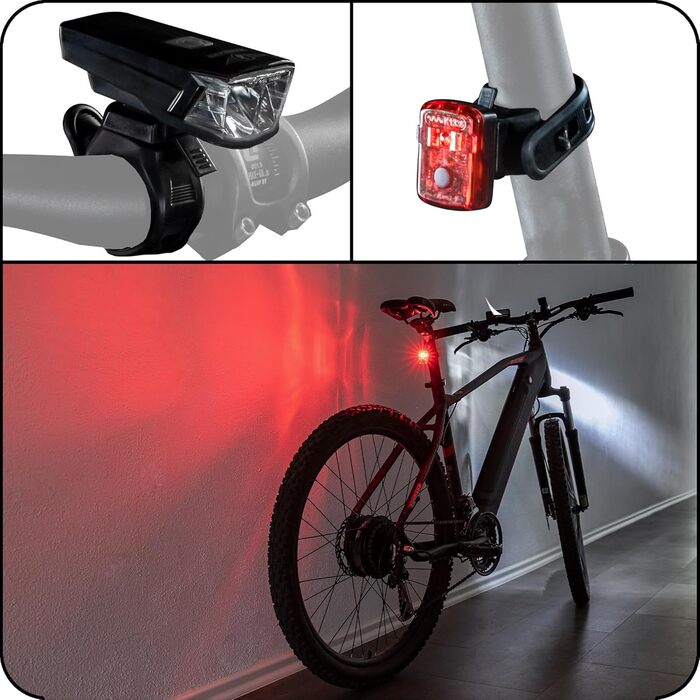 LED велосипедне світло Zündapp ZA.K.15, USB, переднє і заднє, акумуляторне, StVZO, чорне