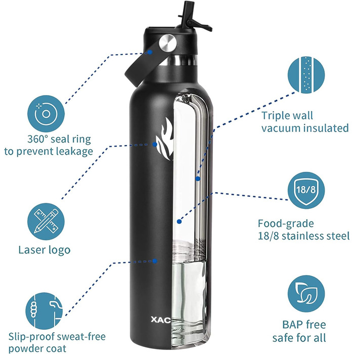Пляшка для пиття XACIOA з нержавіючої сталі - 500 мл, 750 мл, 1 л, герметичний термос із соломинкою, герметична вакуумна колба без бісфенолу А, пляшка-термос з подвійними стінками для спорту, фітнесу (750 мл, чорна)