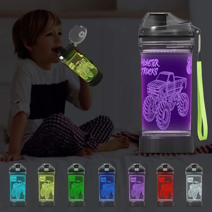 3D пляшка для води YuanDian з підсвіткою, дизайн Monster Truck, 400 мл, Tritan, без BPA, екологічна, подарунок для дітей, хлопчиків і дівчаток, для школи, новорічний подарунок