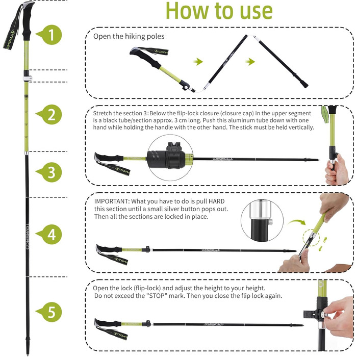 Туристичні палиці TOMSHOO складні, надлегкі карбонові та алюмінієві палиці для ходьби Трекінгові палиці з корковою ручкою або ручкою Eva, аксесуари для місцевості, туристичні палиці регульовані для піших прогулянок, катання на лижах (зелений - 1 пара)