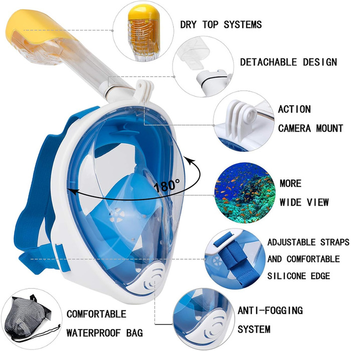 Маска для дайвінгу Lamker Маска для підводного плавання Повнолицева маска з утриманням камери Поле зору 180 Маска для дайвінгу Повна маска для обличчя дорослих і жінок Маска для підводного плавання проти запотівання Маска для плавання без зусиль L Blue