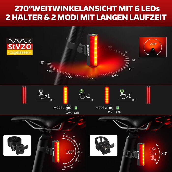 Комплект велосипедних LED ліхтарів StVZO з USB акумулятором, передня та задня фара, велосипедне світло для дітей і дорослих, водонепроникне, сертифіковане