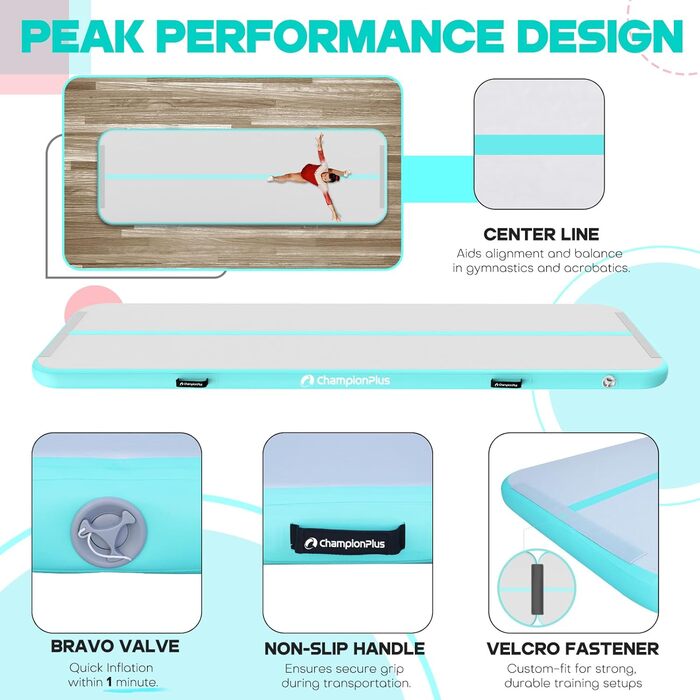 Надувний повітряний килимок ChampionPlus Килимок для перекидання доріжки 3/4/5/6 м Гімнастичний килимок з електричним повітряним насосом, килимок для йоги, килимок для кемпінгу, спортивний килимок для фітнесу для йоги м'ятно-зелений 300*100*10см