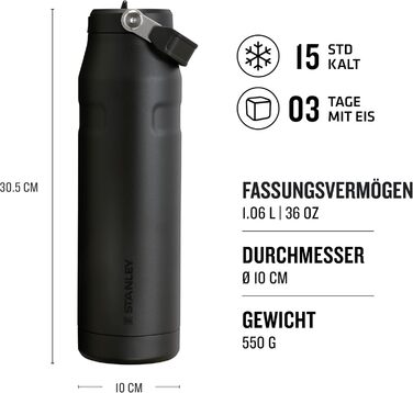 Термобутилка Stanley Flip Straw 2.0 з трубочкою 1,06 л, чорна, BPA-free, не протікає, зберігає холод до 17 годин, лід до 4 днів, підходить для тримача напоїв, можна мити в посудомийці