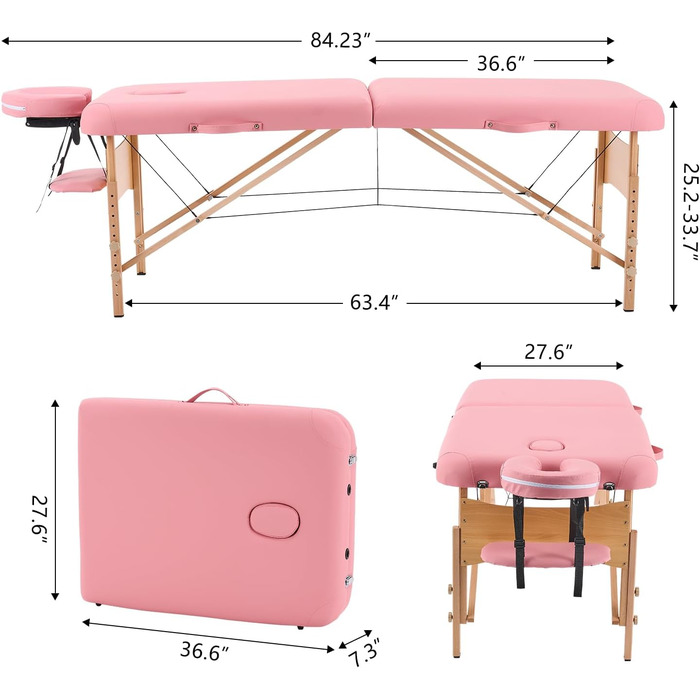 Масажний стіл YOUNIKE 2-зонний складний портативний масажний стіл з регульованим по висоті масажним столом з підголівником з дерев'яними ніжками та аксесуарами Сумка для перенесення Мобільний крем для масажного ліжка (рожевий)