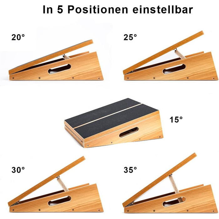 Професійна дерев'яна похила дошка, регульована похила дошка та розтяжка для литкових м'язів, стрейч-дошка - додаткова конструкція бічної ручки для перенесення - 40,6 x 31,8 см, 5 положень (місткість 158,8 кг) Повне охоплення