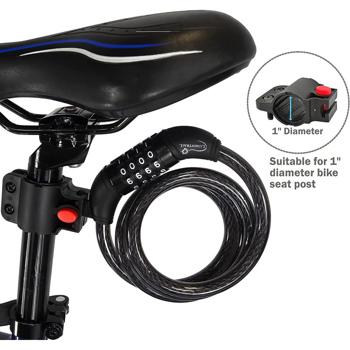 Велосипедний кодовий кабельний замок Lumintrail LK2609, самоскручуваний, сталевий трос 12 мм, з кріпленням, унісекс