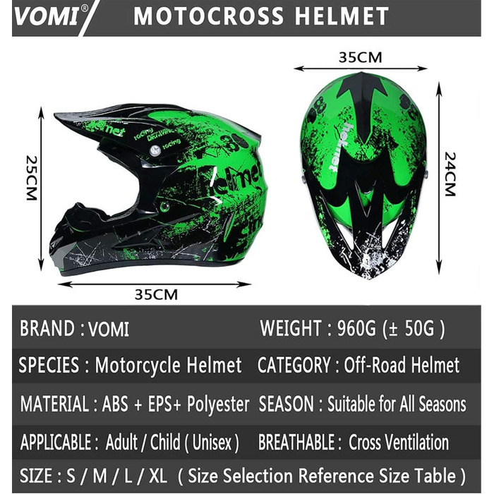 Мотокросовий шолом VOMI Enduro чорний-зелений з окулярами, маскою, рукавицями та гачком, повнолицевий захисний шолом для дітей і дорослих для мотоциклів, гірських велосипедів, багі