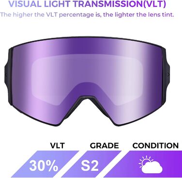 Гірськолижні окуляри AVAWAY Окуляри для сноуборду Циліндричне дзеркало Система зміни магнітів OTG Захист від ультрафіолету Лінза проти запотівання (A2 Purple VLT 30)
