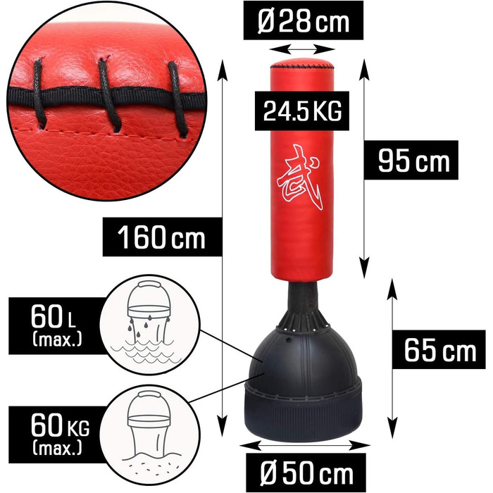 Окремо стояча боксерська груша для дому - Боксерська груша з підставкою - Набір боксерської груші Підставка для тренувань з піском Боксерська груша Кікбоксинг Боксерська груша Чоловіча боксерська груша стояча доросла Червоний чорний, 160