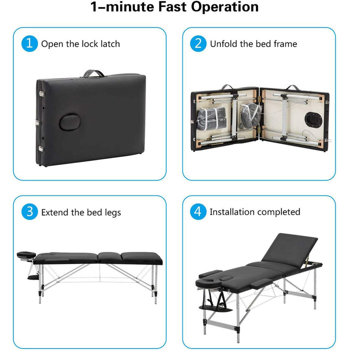 Професійний масажний стіл, ліжко, кушетка, косметичне ліжко, 3 секції, терапевтичне ліжко, алюміній, легкий, портативний, розбірний, оздоровче ліжко, чорний алюмінієвий каркас (3-секції) чорний