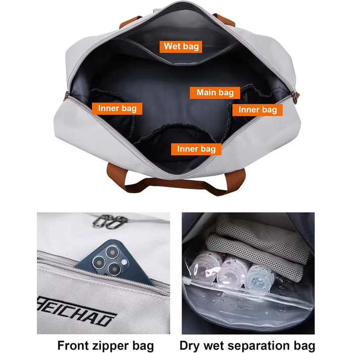 Спортивна сумка для жінок і чоловіків, Дорожня сумка з відділенням для взуття та вологим відділенням, Дорожня сумка великої місткості Легка тренувальна сумка Водонепроникна сумка для плавання для подорожей, спорту, фітнесу (сіра)