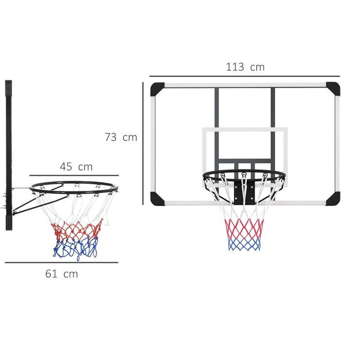 Кільце баскетбольне SPORTNOW, Баскетбольна дошка з кошиком, Баскетбольна сітка з баскетбольною дошкою, Настінний, Відкритий, Сталевий, 113 x 61 x 73 см ЧорнийПрозорийБілий