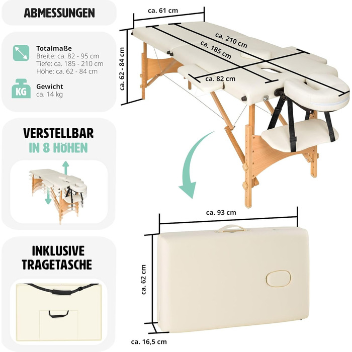 Масажний стіл Tectake 2 зони, масажний стіл складний, масажний стіл портативний з підкладкою 5 см, регульований по висоті, мобільний масажний стіл, масажна лава з дерев'яними ніжками та аксесуарами Сумка для перенесення - бежева бежева No 401462